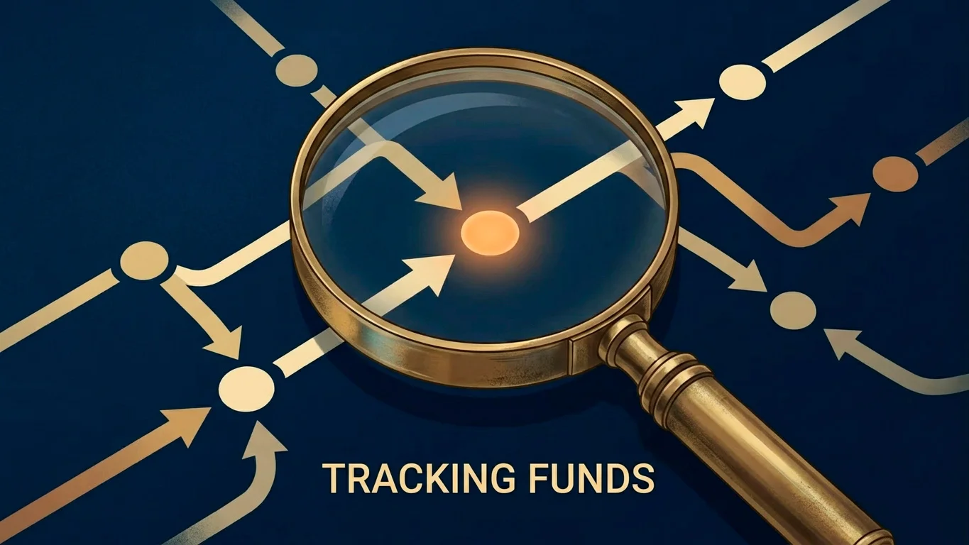 Conceptual illustration of a magnifying glass examining a stylised financial flow