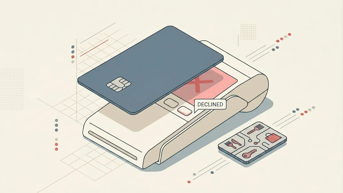 Stylised illustration of a bank card being declined at an offshore gambling merchant with a small merchant-category-code indicator