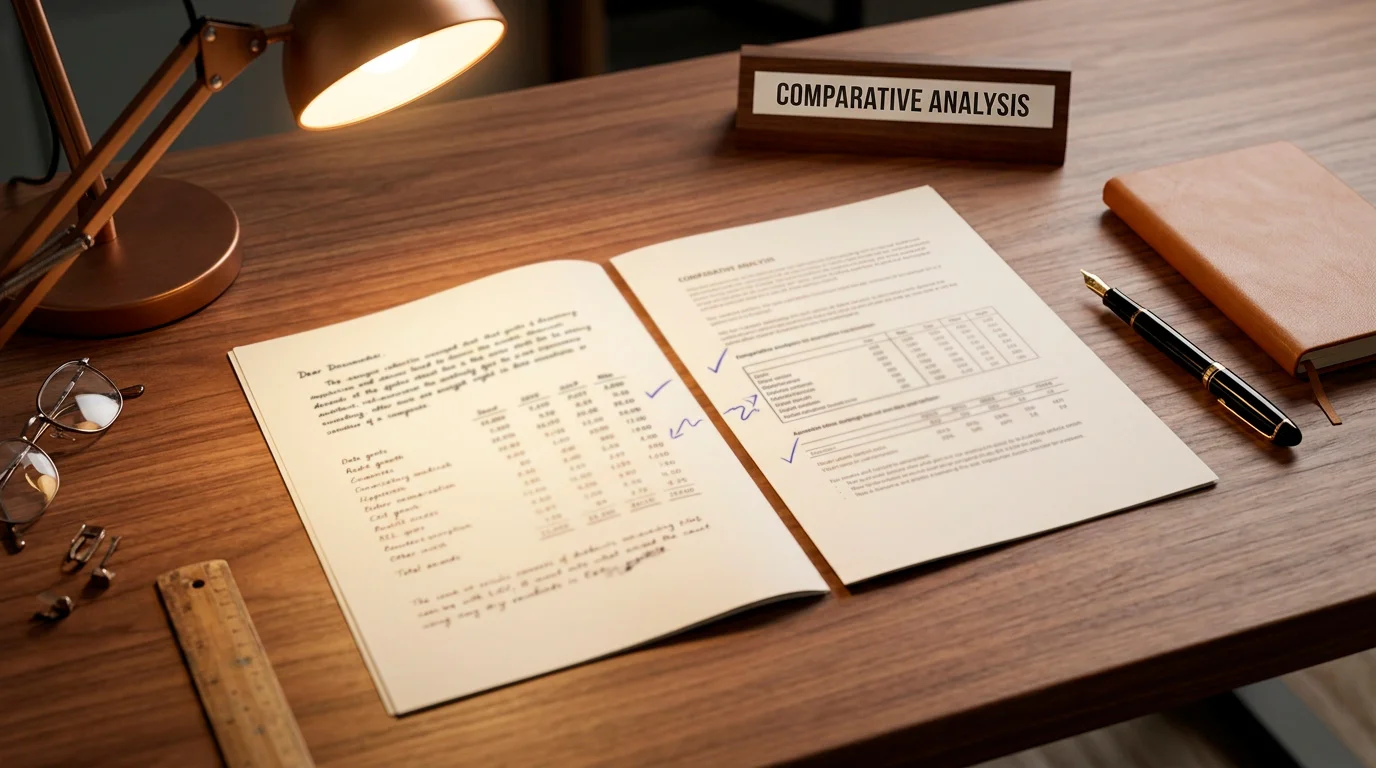 Illustration of paper documents being cross-checked under a desk lamp