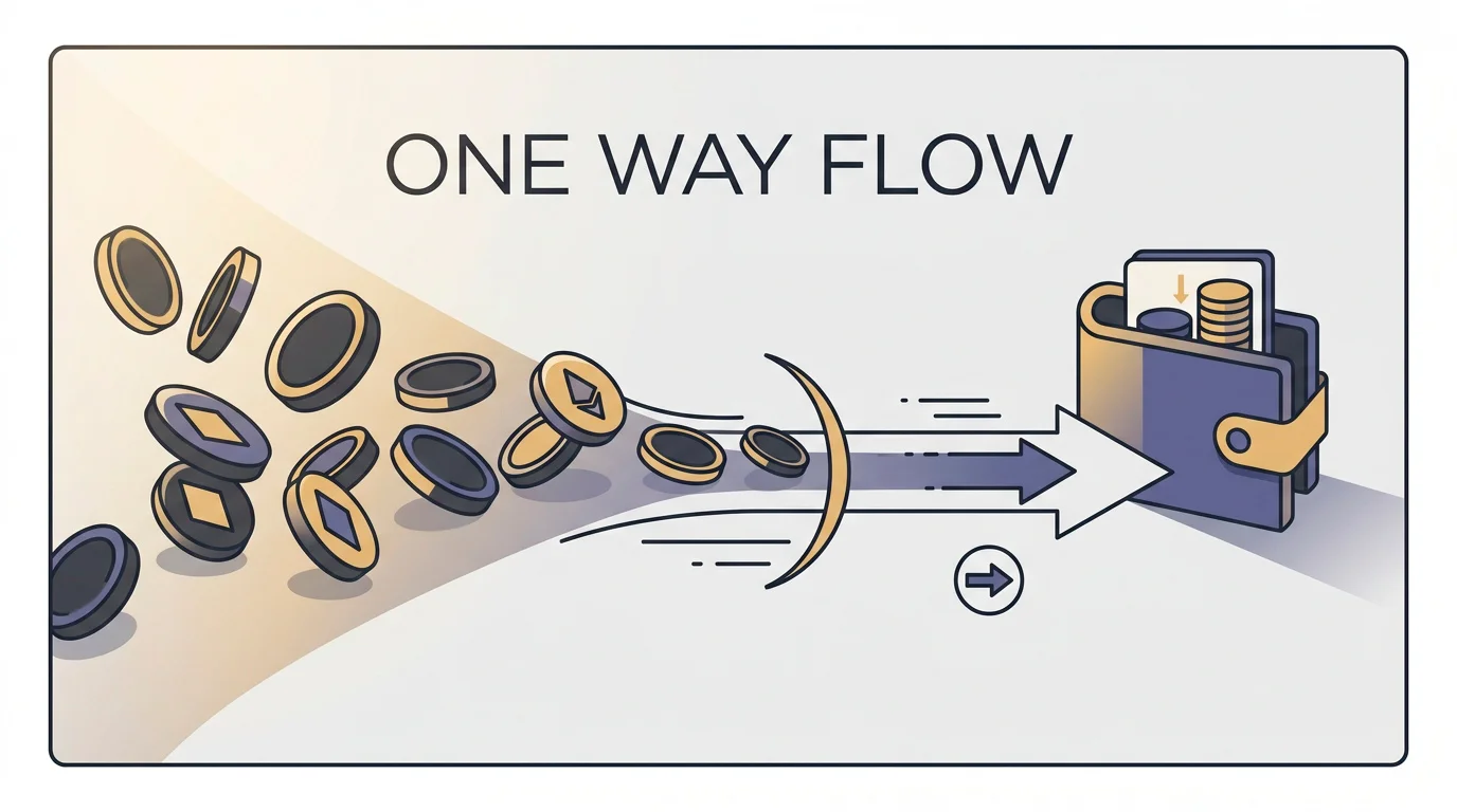 Stylised illustration of major cryptocurrency symbols flowing into an offshore casino wallet with an irreversibility indicator