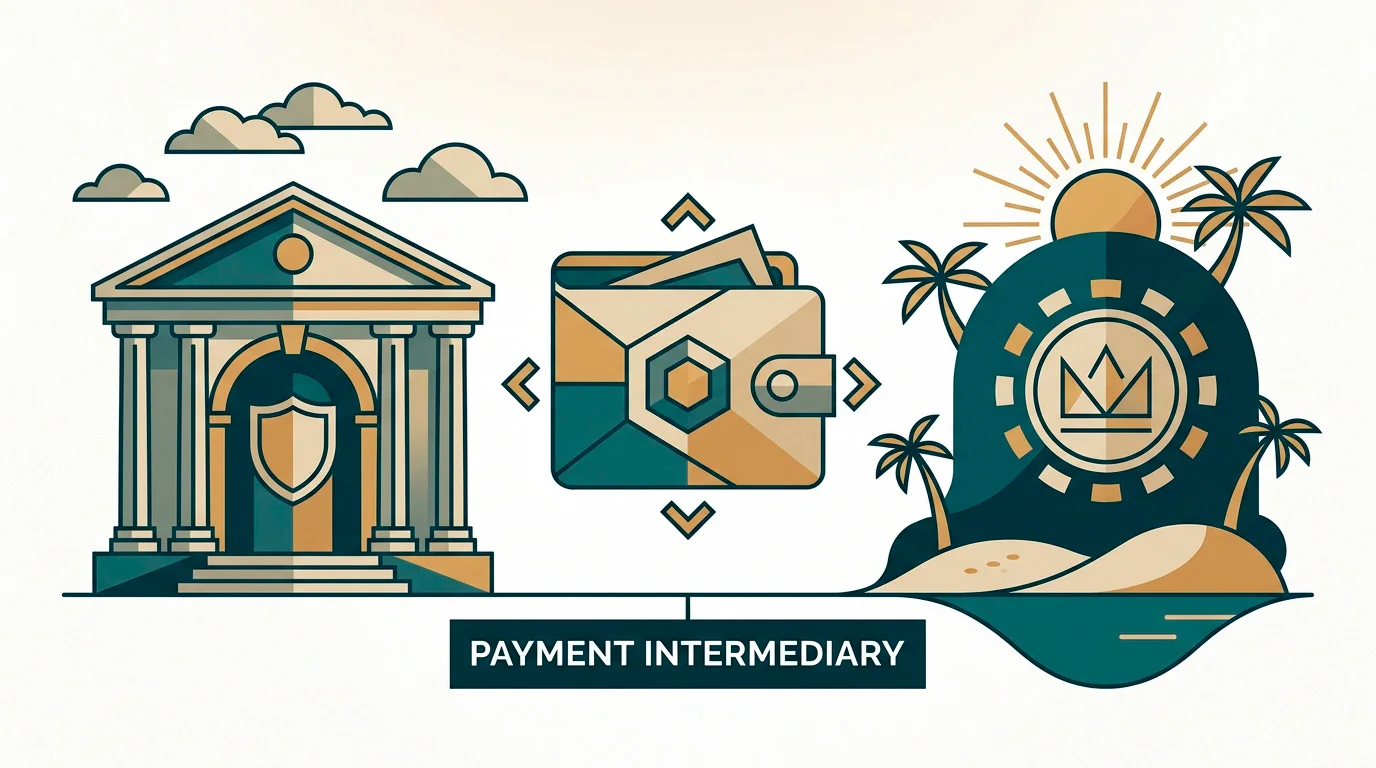 Stylised illustration of an e-wallet acting as an intermediary between a UK bank account and an offshore gambling merchant