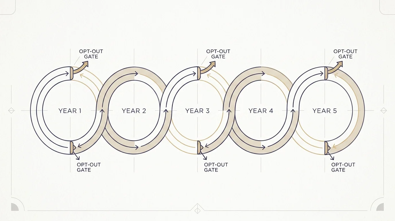 Stylised diagram of the five-year auto-renewal cycle with an opt-out gate at the end of each period