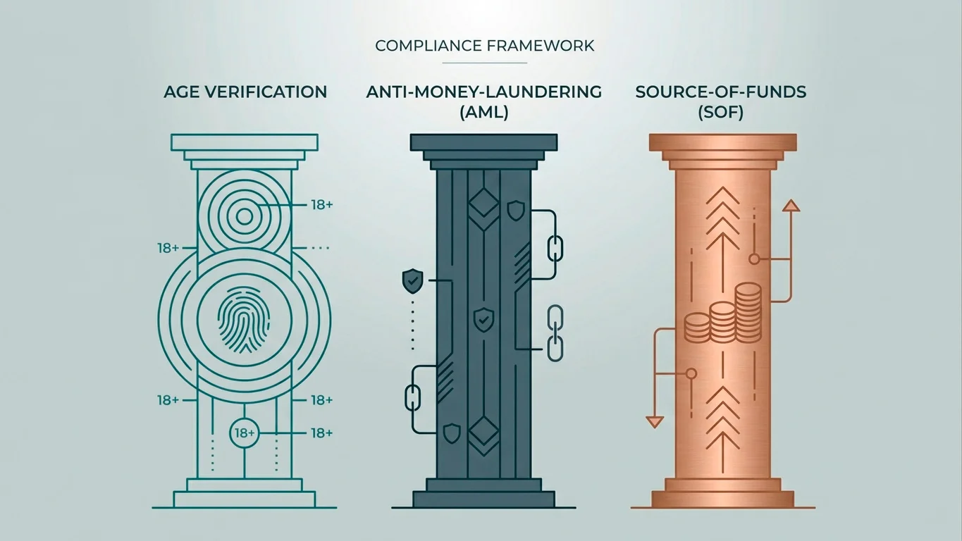 Stylised illustration of three pillars representing age verification, anti-money-laundering and source-of-funds checks