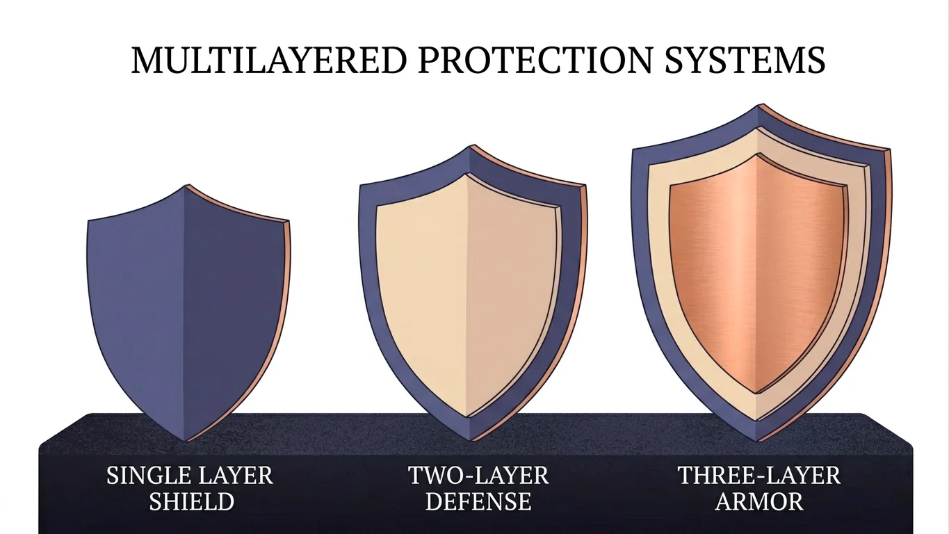Stylised comparison of three blocking set-ups showing increasing combined coverage from one to three layers