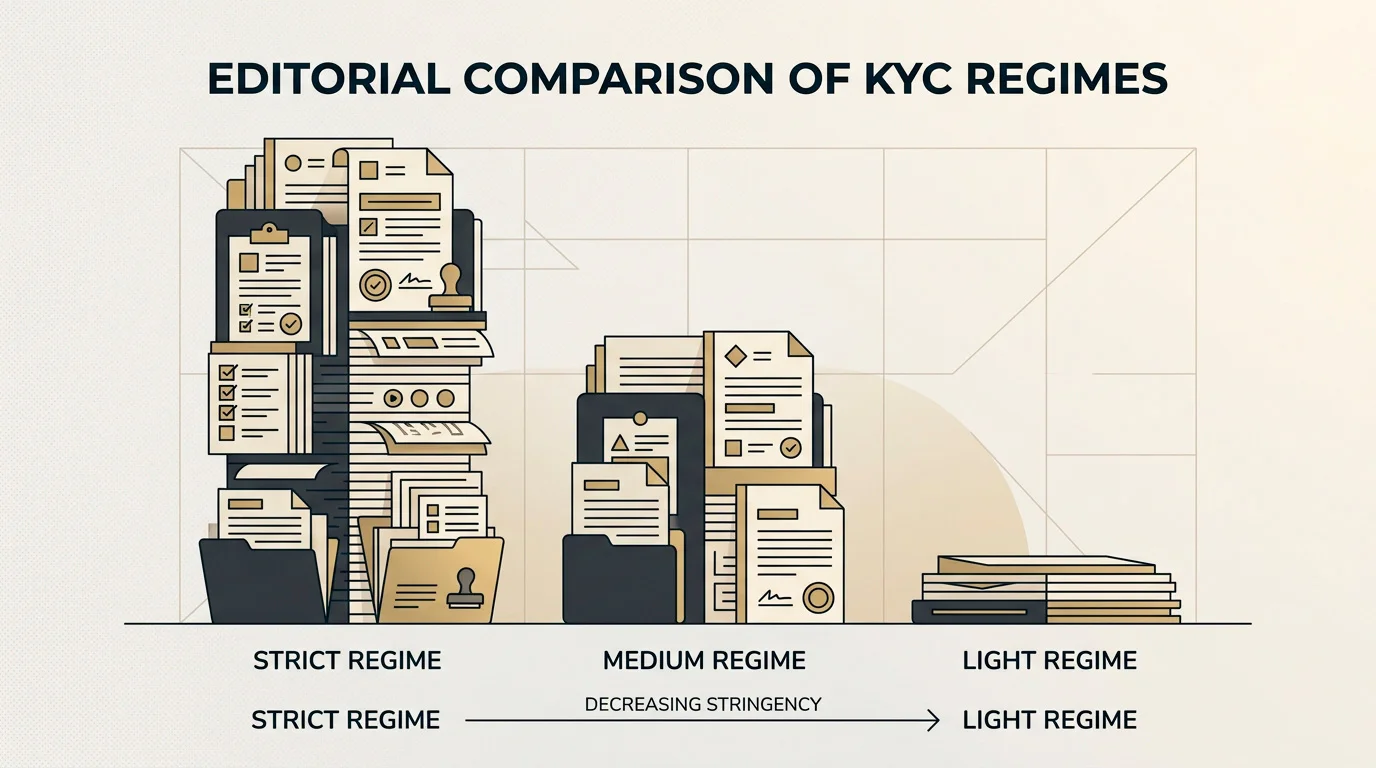 Editorial comparison illustration of three licensing regimes with different KYC timing profiles