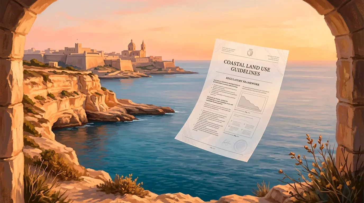Editorial illustration of the Maltese coastline with a regulatory document motif overlaid