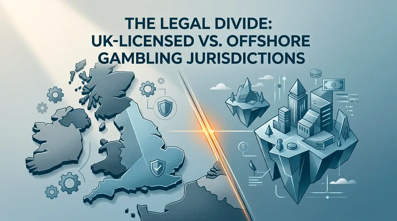 Conceptual illustration showing the boundary between UK-licensed and offshore gambling jurisdictions