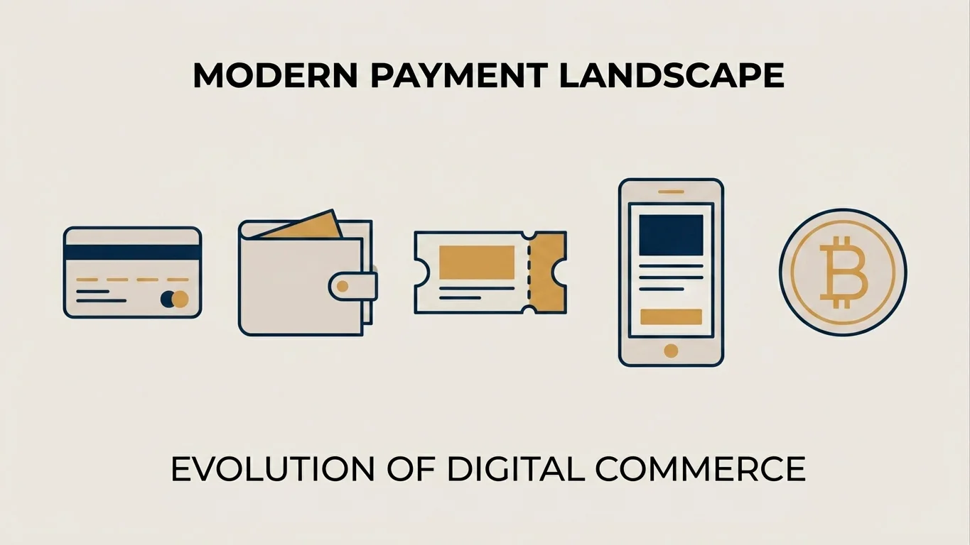 Editorial summary illustration of the five payment groups with abstract icons representing each category