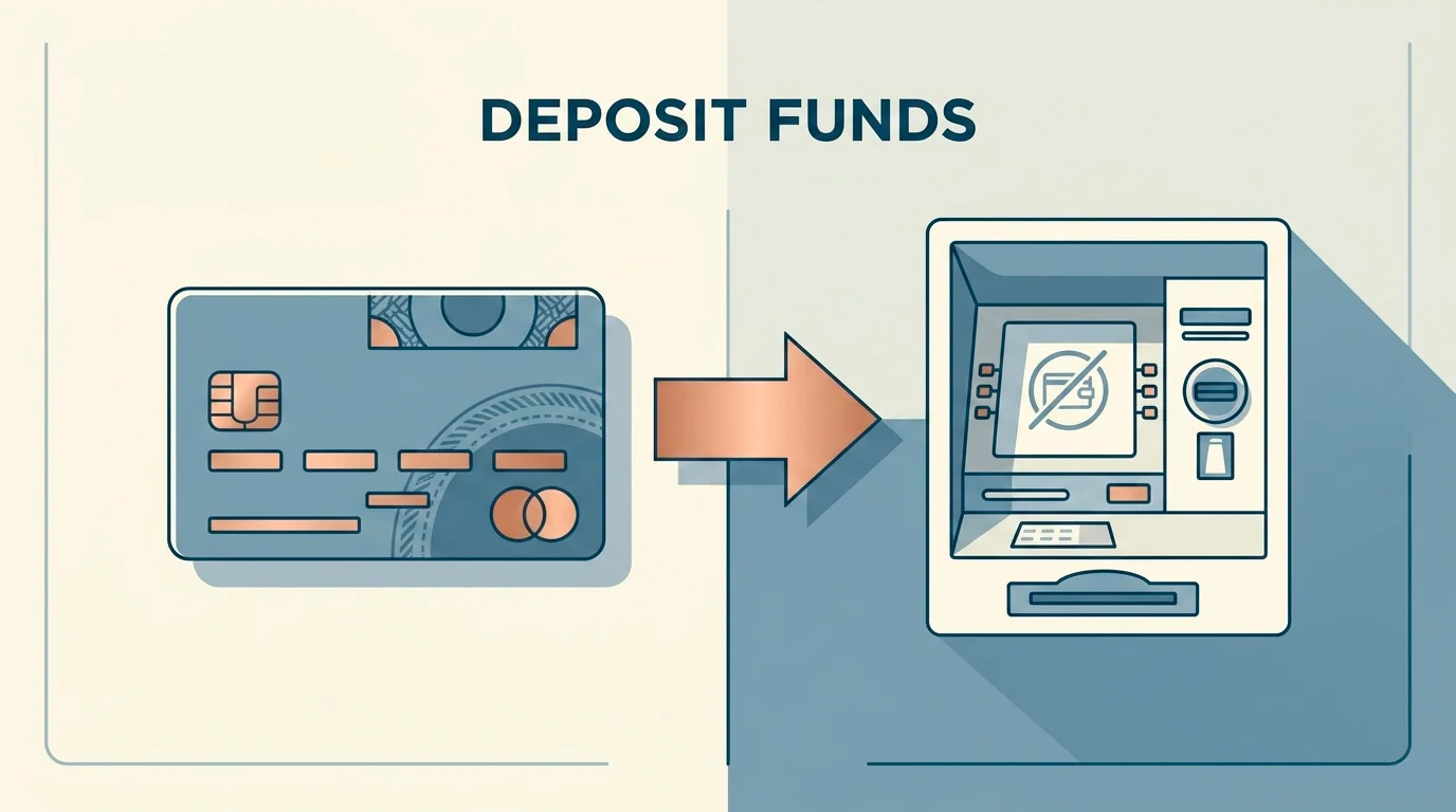 Stylised illustration of a prepaid voucher used for deposits and a separate method required for withdrawals