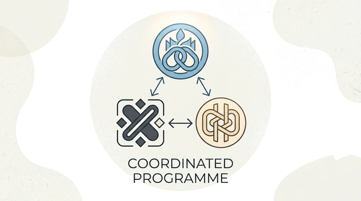 Editorial illustration of three partner organisations connected in a single coordinated programme