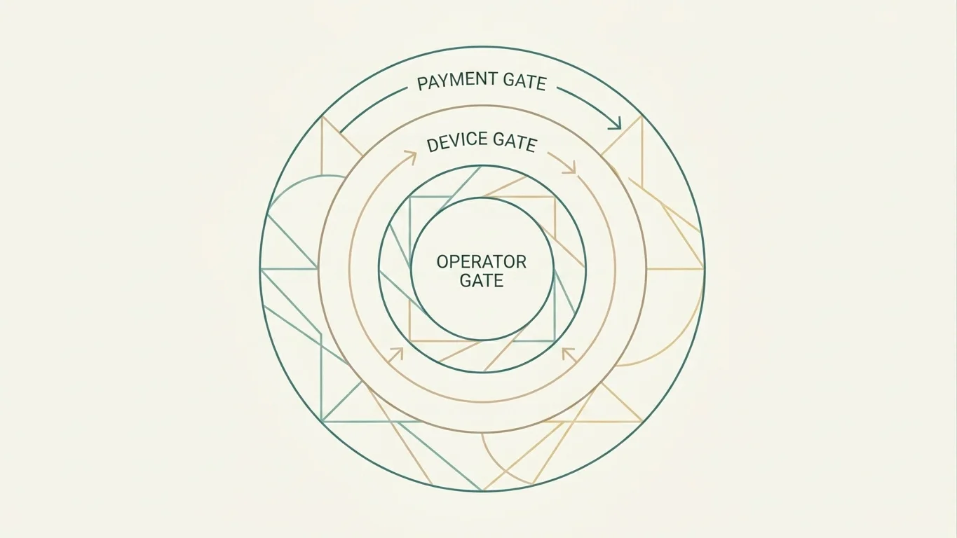 Stylised three-ring diagram showing operator, device and payment blocking layers