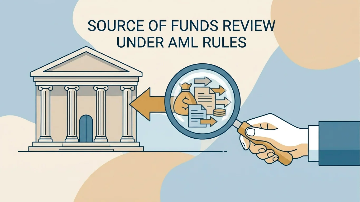Stylised illustration of a UK bank reviewing a source-of-funds question on an inbound transfer