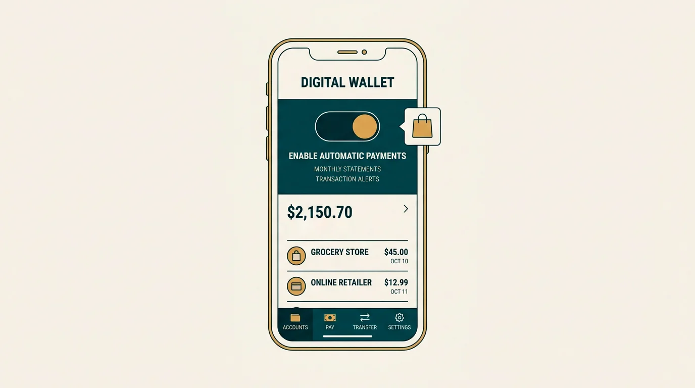 Stylised illustration of a mobile banking app with a gambling-block toggle and a small reference to merchant category code 7995