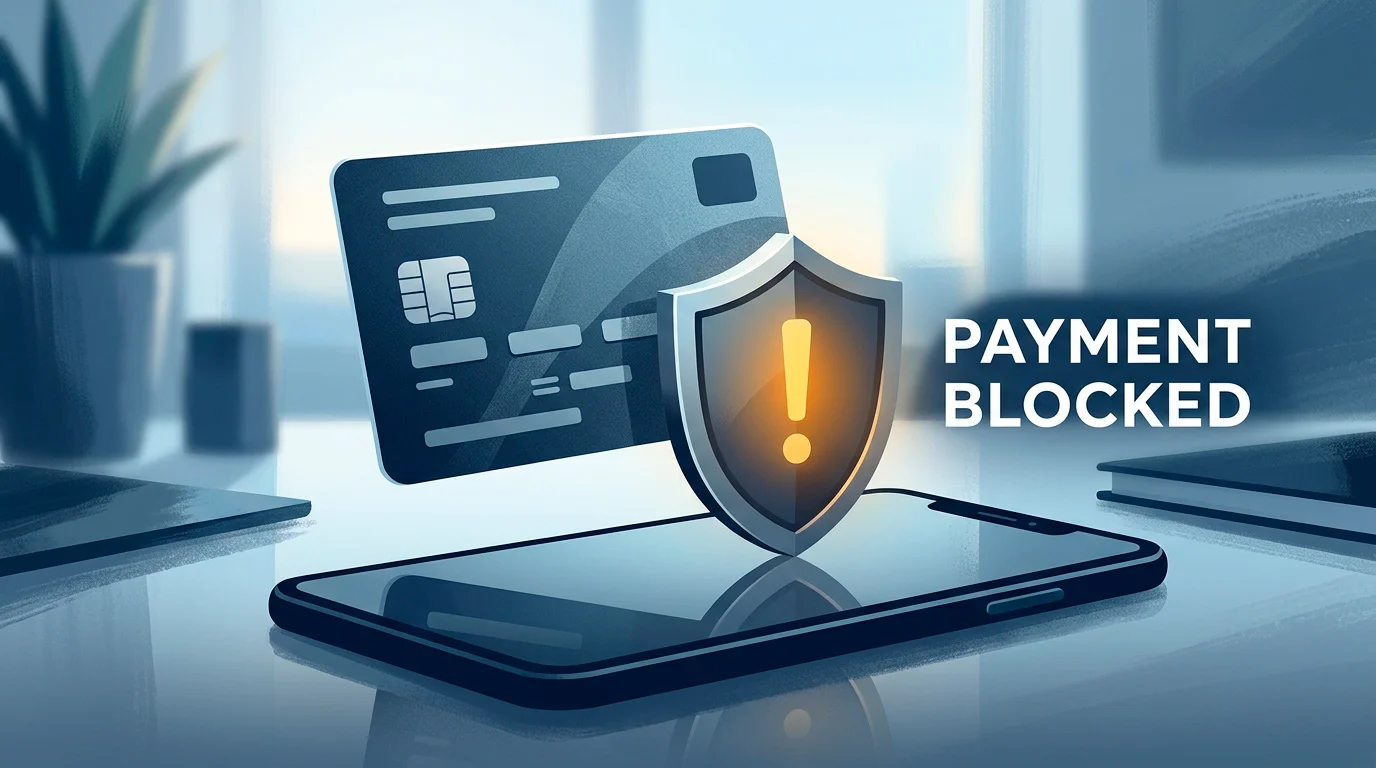 Editorial illustration of a UK debit card being held back by a banking-app symbol representing a gambling transaction block