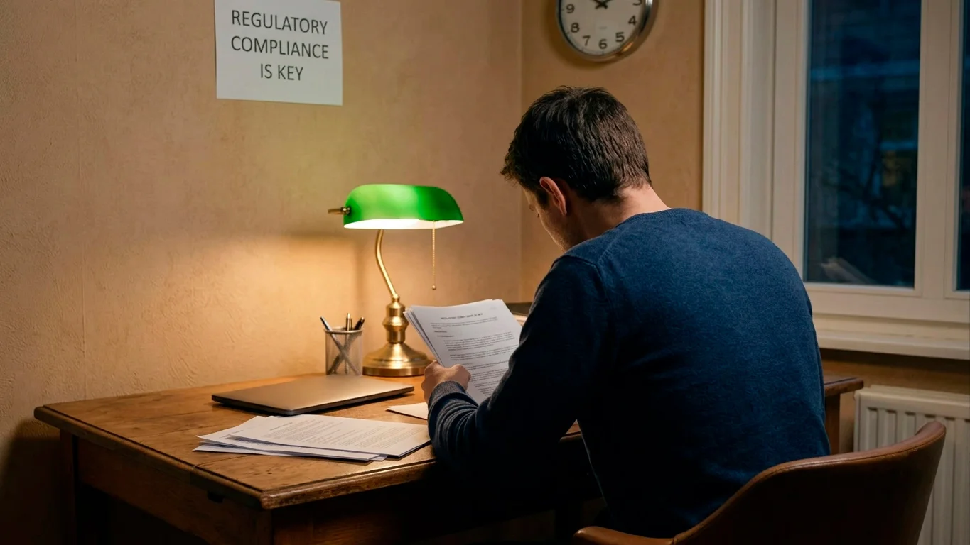 Conceptual scene of a UK consumer reading legal documentation about offshore gambling