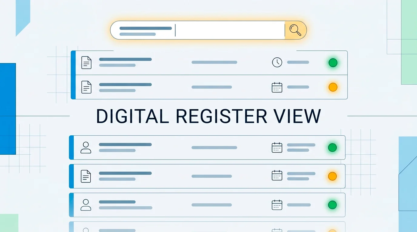 Conceptual screen of a regulatory register search panel with status indicators
