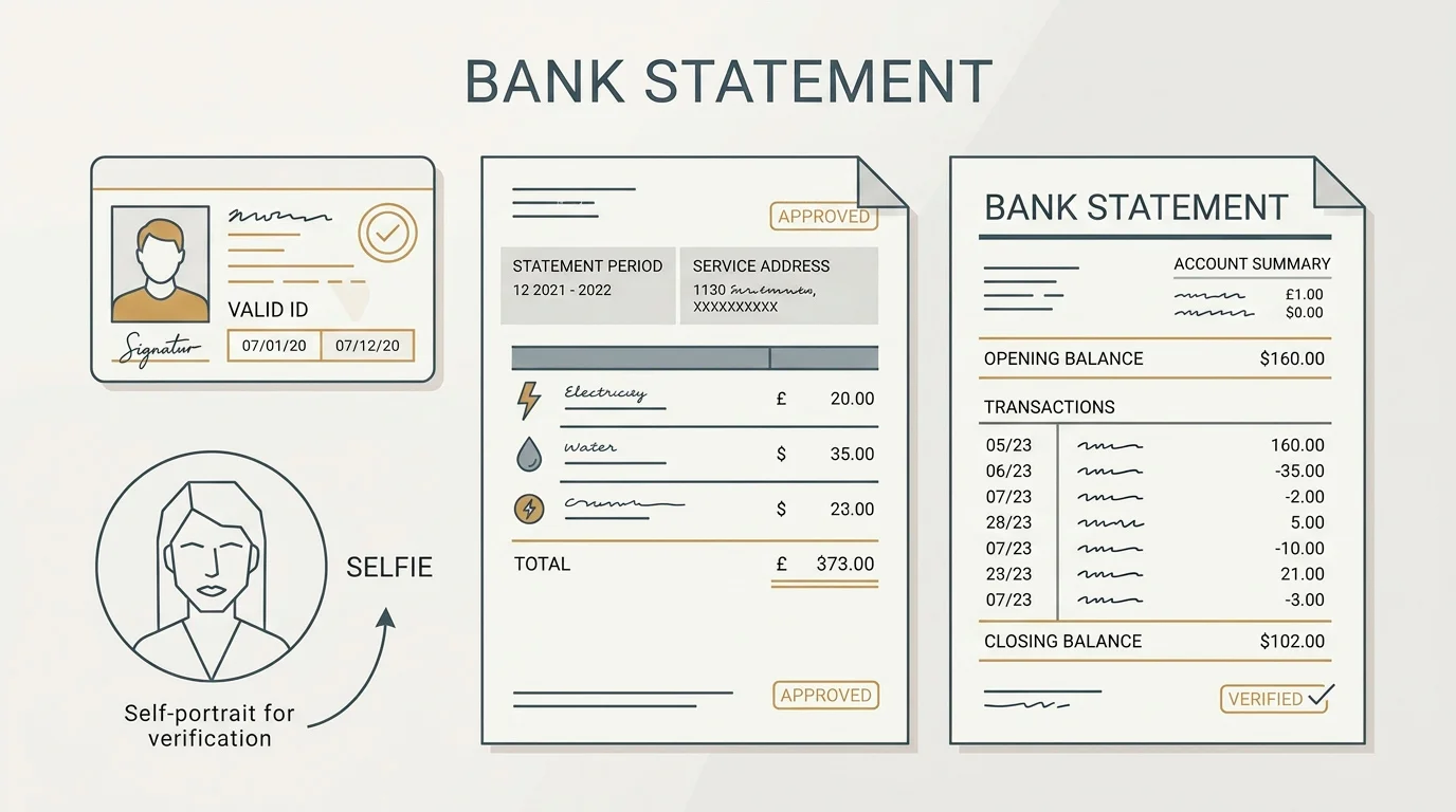 Stylised illustration of the typical document packet requested at withdrawal including identity, address and source-of-funds evidence
